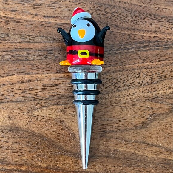 Pier 1 Glass Penguin Wine Bottle Stopper Christmas Santa Hat White Elephant Gift - Picture 3 of 7
